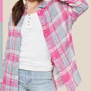 LA MIEL NWT Pink and Blue Plaid Oversized Shirt / Coverup